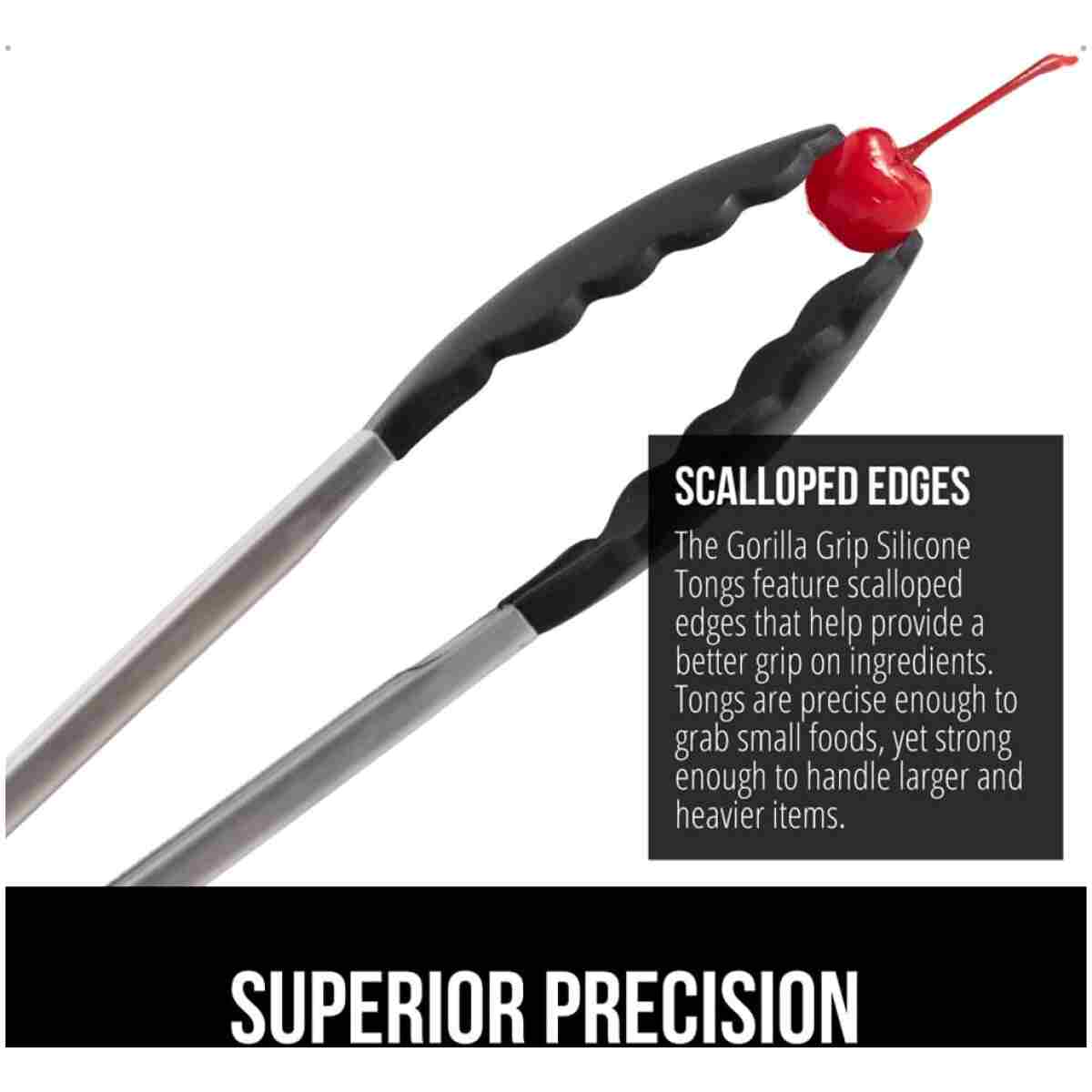 GORILLA GRIP Stainless Steel Heat Resistant Kitchen Tongs for Cooking, 9 + 12 Inch, Set of 2 BBQ Tong, Non Scratch Silicone Tip for Pan, Strong Grip, Grab Food, Toss Salad, Air...