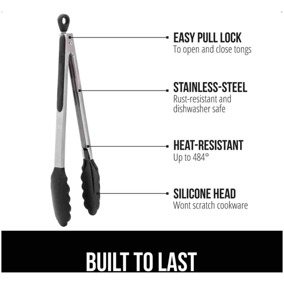GORILLA GRIP Stainless Steel Heat Resistant Kitchen Tongs for Cooking, 9 + 12 Inch, Set of 2 BBQ Tong, Non Scratch Silicone Tip for Pan, Strong Grip, Grab Food, Toss Salad, Air...