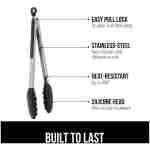 GORILLA GRIP Stainless Steel Heat Resistant Kitchen Tongs for Cooking, 9 + 12 Inch, Set of 2 BBQ Tong, Non Scratch Silicone Tip for Pan, Strong Grip, Grab Food, Toss Salad, Air...