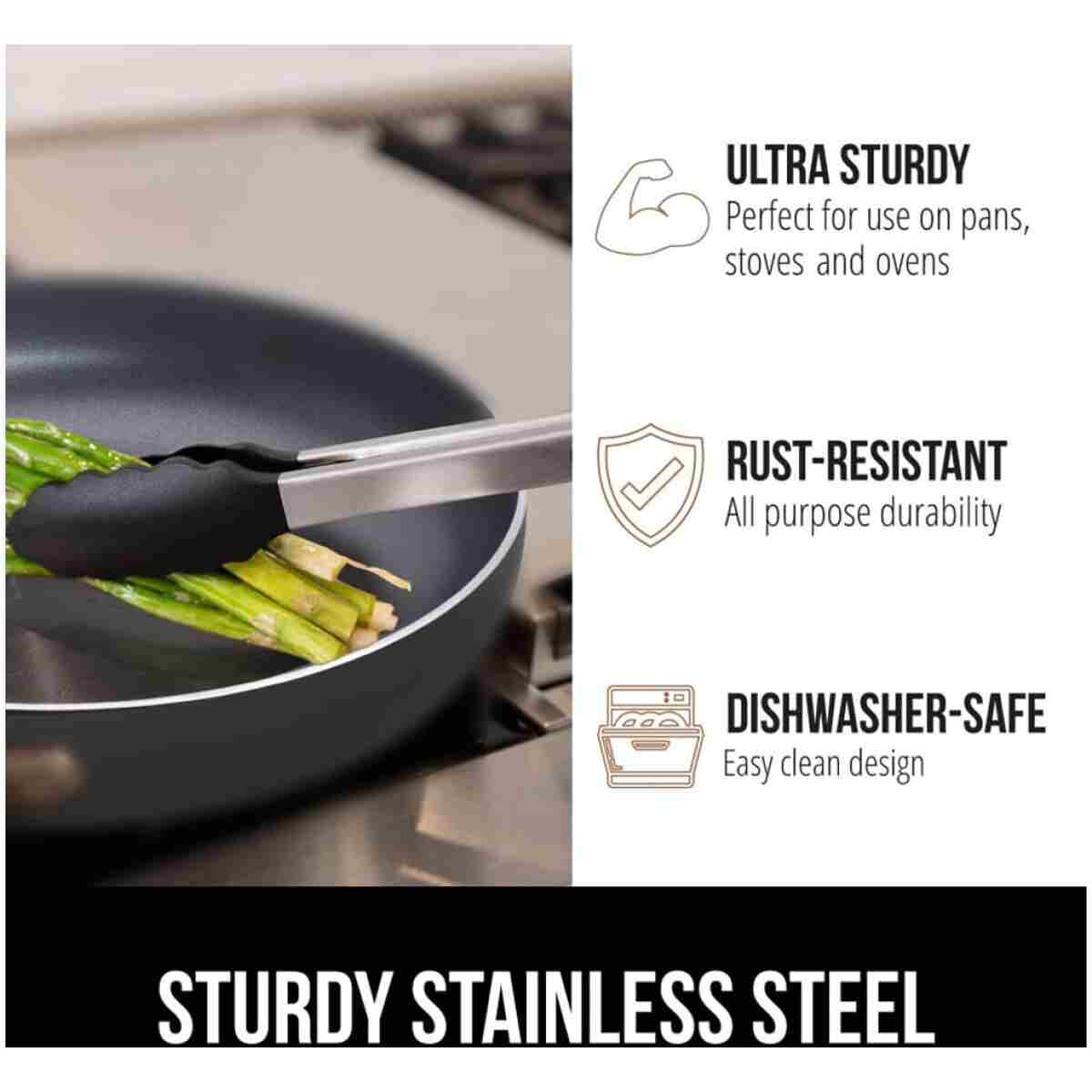 GORILLA GRIP Stainless Steel Heat Resistant Kitchen Tongs for Cooking, 9 + 12 Inch, Set of 2 BBQ Tong, Non Scratch Silicone Tip for Pan, Strong Grip, Grab Food, Toss Salad, Air...