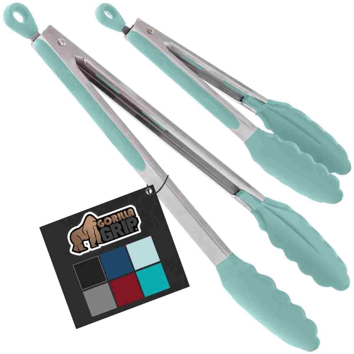 GORILLA GRIP Stainless Steel Heat Resistant Kitchen Tongs for Cooking, 9 + 12 Inch, Set of 2 BBQ Tong, Non Scratch Silicone Tip for Pan, Strong Grip, Grab Food, Toss Salad, Air...