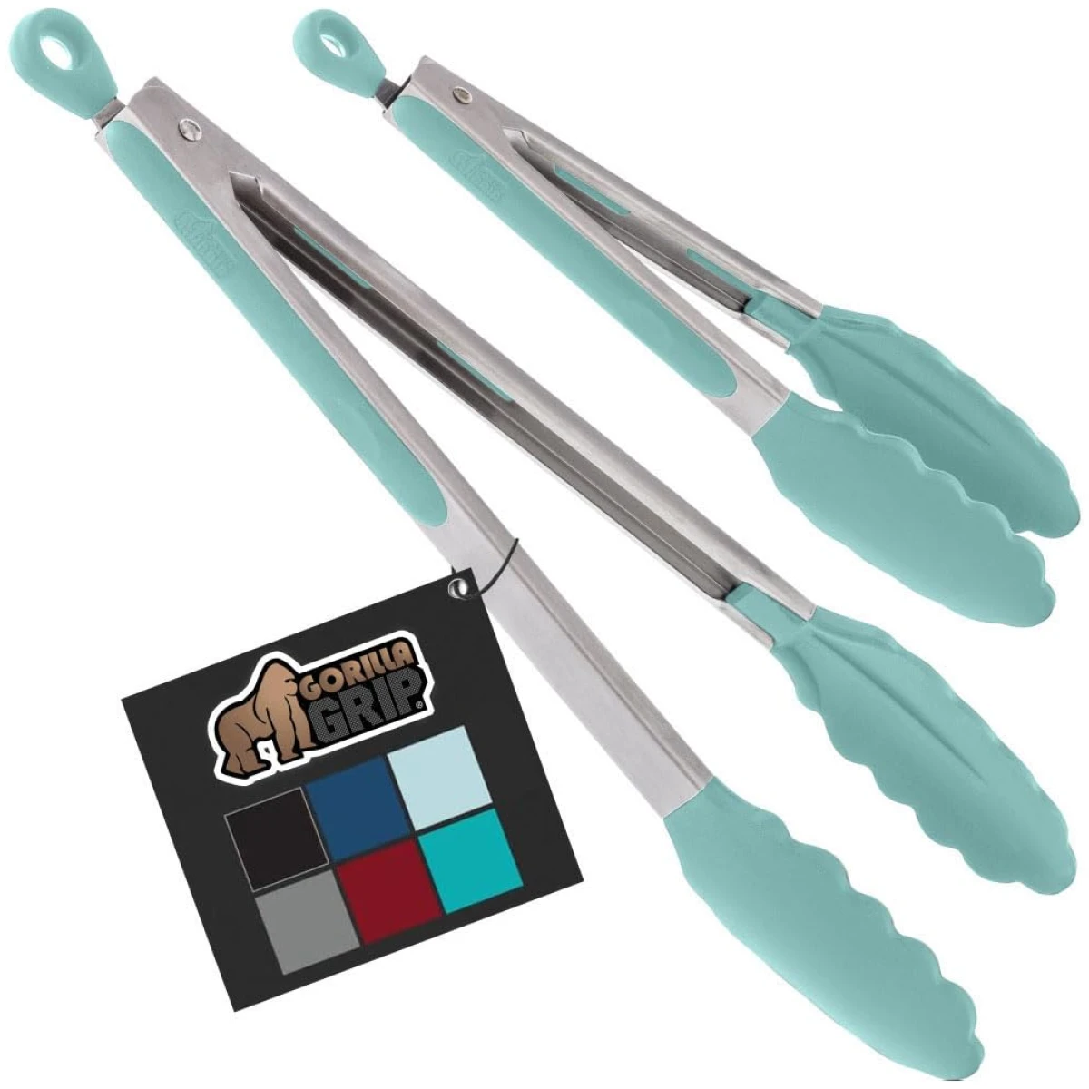 GORILLA GRIP Stainless Steel Heat Resistant Kitchen Tongs for Cooking, 9 + 12 Inch, Set of 2 BBQ Tong, Non Scratch Silicone Tip for Pan, Strong Grip, Grab Food, Toss Salad, Air...