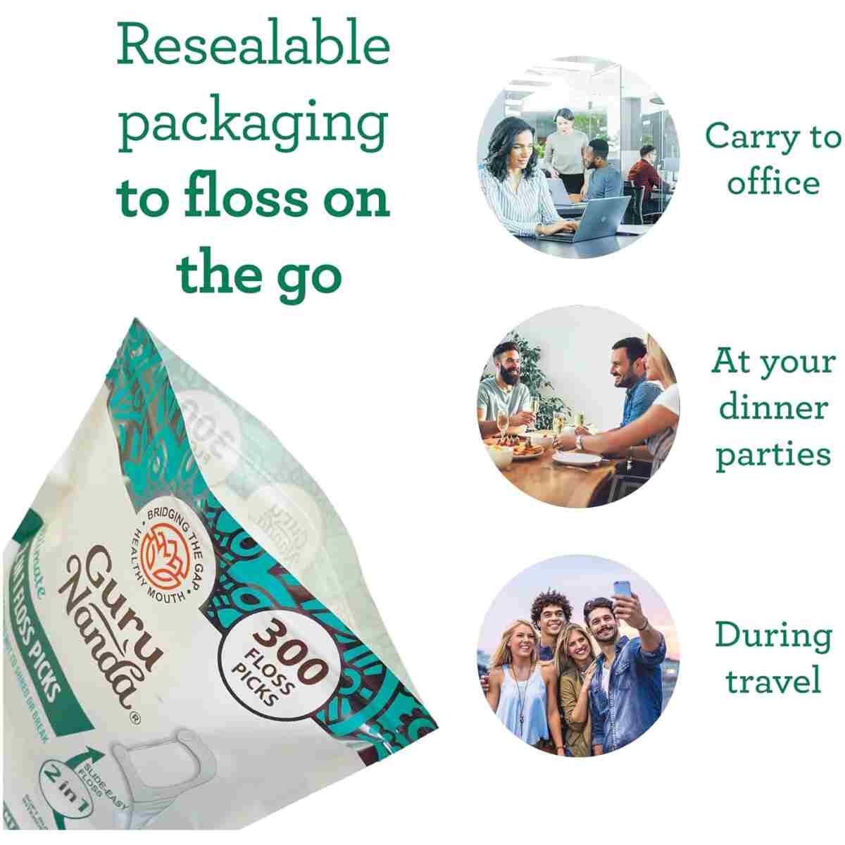 GuruNanda 2 in 1 Dental Floss Picks - Non-Slip Grip Handle, Slide Easy, No Break or Shred Flosser - Complete Oral Care with Interdental Pick for Healthy Teeth & Gums - Mint...