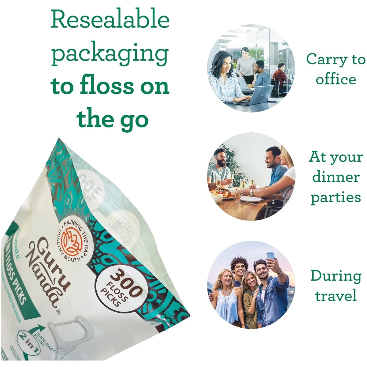 GuruNanda 2 in 1 Dental Floss Picks - Non-Slip Grip Handle, Slide Easy, No Break or Shred Flosser - Complete Oral Care with Interdental Pick for Healthy Teeth & Gums - Mint...