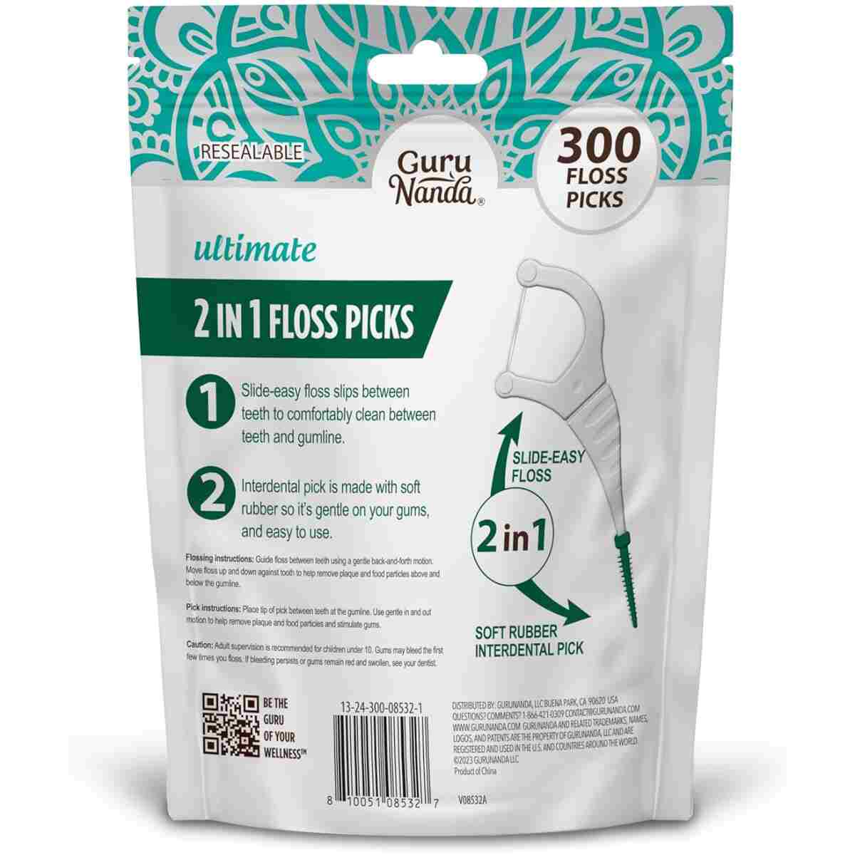 GuruNanda 2 in 1 Dental Floss Picks - Non-Slip Grip Handle, Slide Easy, No Break or Shred Flosser - Complete Oral Care with Interdental Pick for Healthy Teeth & Gums - Mint...