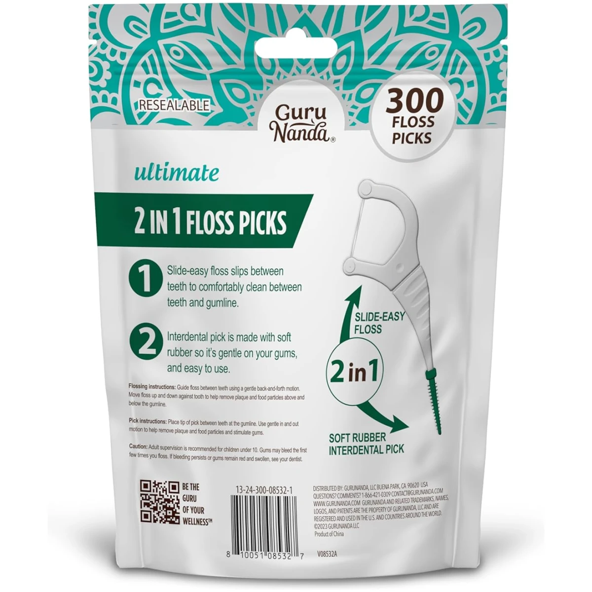 GuruNanda 2 in 1 Dental Floss Picks - Non-Slip Grip Handle, Slide Easy, No Break or Shred Flosser - Complete Oral Care with Interdental Pick for Healthy Teeth & Gums - Mint...