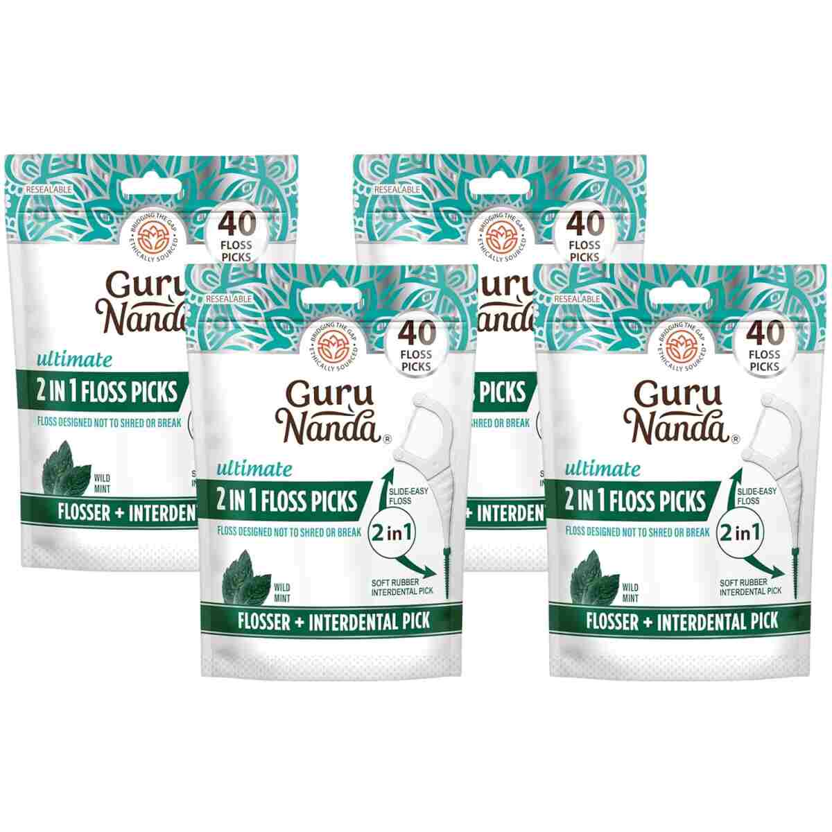 GuruNanda 2 in 1 Dental Floss Picks - Non-Slip Grip Handle, Slide Easy, No Break or Shred Flosser - Complete Oral Care with Interdental Pick for Healthy Teeth & Gums - Mint...