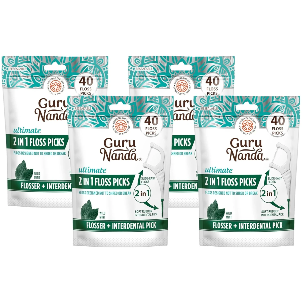 GuruNanda 2 in 1 Dental Floss Picks - Non-Slip Grip Handle, Slide Easy, No Break or Shred Flosser - Complete Oral Care with Interdental Pick for Healthy Teeth & Gums - Mint...