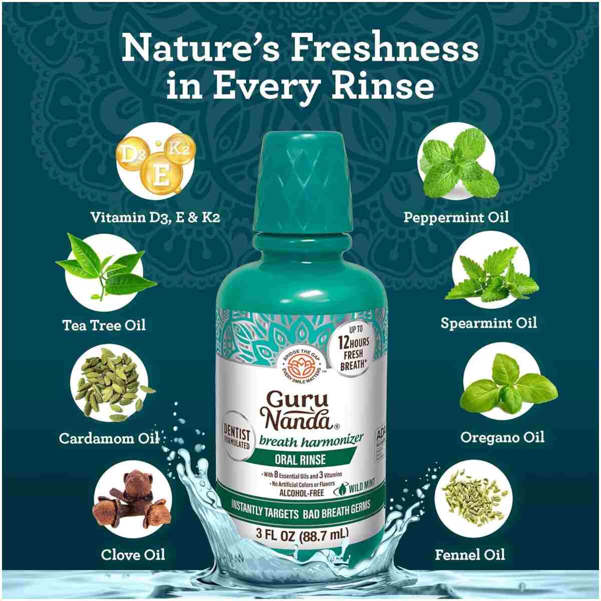 GuruNanda Fresh Breath Mouthwash, ADA-Accepted, Alcohol & Fluoride-Free, Sodium Chlorite, Essential Oils & Vitamins, 12-Hrs Fresh Breath, Wild Mint, 3 oz