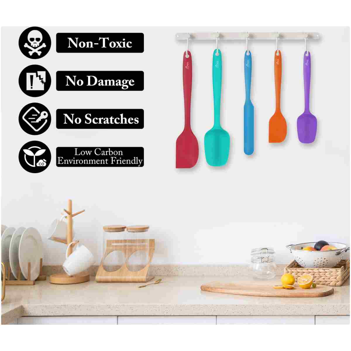 HOTEC Heat Resistant 600℉ Food Grade Silicone Rubber Spatula Set for Baking, Cooking, and Mixing Non Stick Dishwasher Safe BPA-Free Multicolor Set of 5