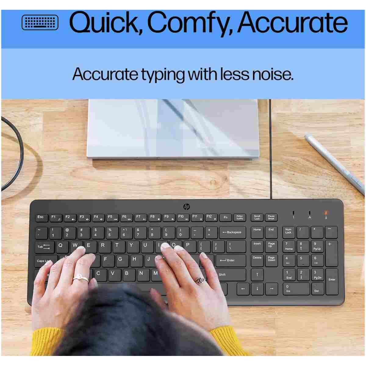 HP 150 Wired Keyboard with Numeric Keypad - Silent-Touch Chiclet Keyboard - Ergonomic, Comfortable - USB Plug-and-Connectivity, LED Indicators (664R5AA, Black)