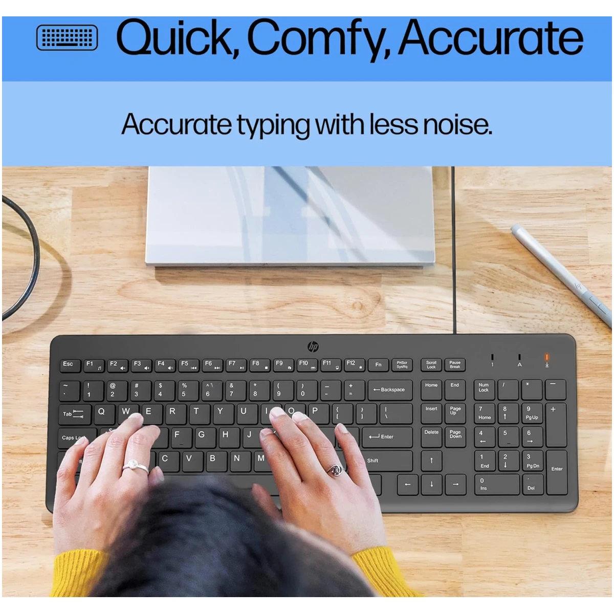 HP 150 Wired Keyboard with Numeric Keypad - Silent-Touch Chiclet Keyboard - Ergonomic, Comfortable - USB Plug-and-Connectivity, LED Indicators (664R5AA, Black)