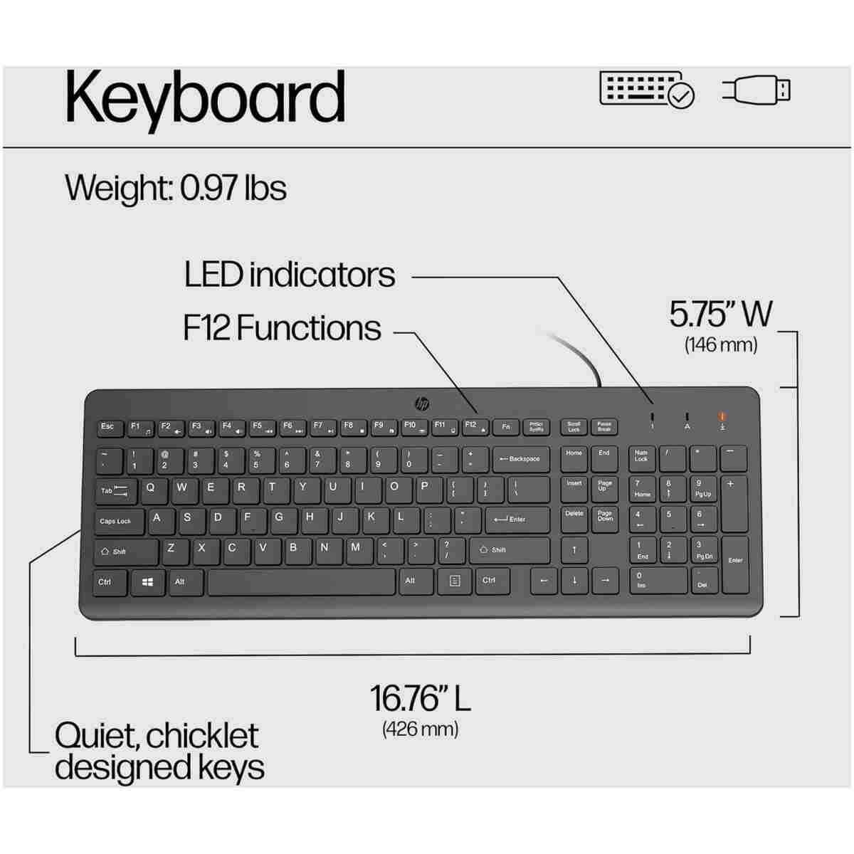 HP 150 Wired Keyboard with Numeric Keypad - Silent-Touch Chiclet Keyboard - Ergonomic, Comfortable - USB Plug-and-Connectivity, LED Indicators (664R5AA, Black)
