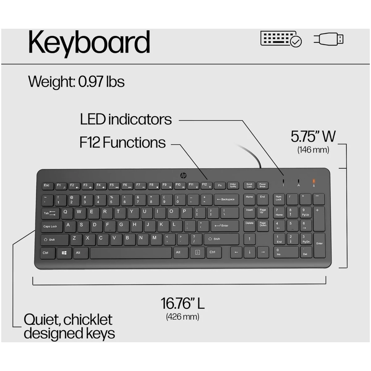HP 150 Wired Keyboard with Numeric Keypad - Silent-Touch Chiclet Keyboard - Ergonomic, Comfortable - USB Plug-and-Connectivity, LED Indicators (664R5AA, Black)