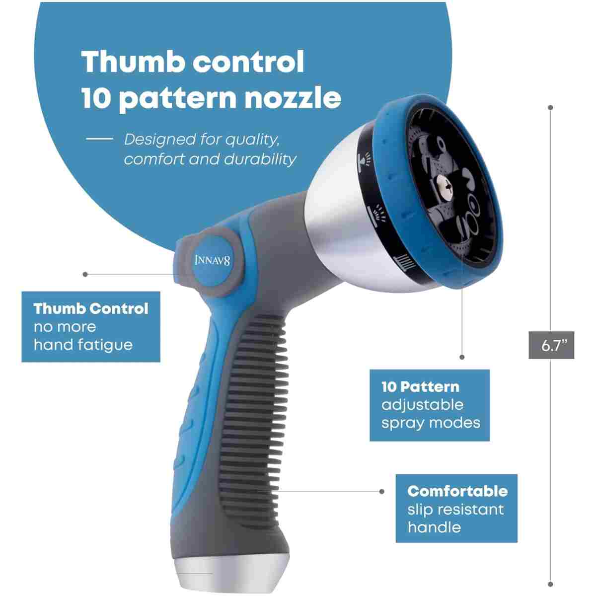 INNAV8 Garden Hose Nozzle Sprayer Heavy Duty - Features 10 Spray Patterns, THUMB CONTROL On Off Valve for Easy Water Control - HIGH Pressure Nozzle for Hose Outdoor