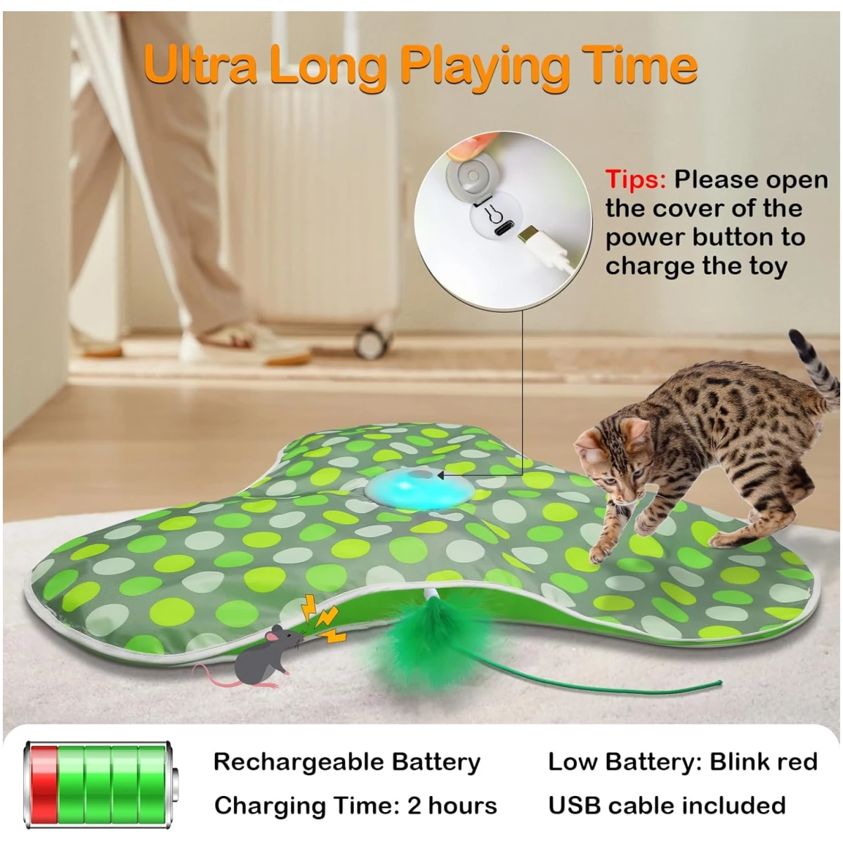 Interactive Cat Toys Rechargeable,Moving Concealed Feathers,Real Mouse Squeaky,Touch Activated Cat Kitten Toy Exercise Toys for Indoor Bored Adult Cats