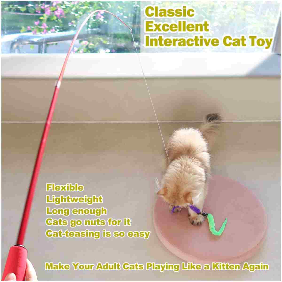 Interactive Cat Toys - Retractable Wand Toy and Feather Toys Refills for Indoor Cats to Chase and Exercise