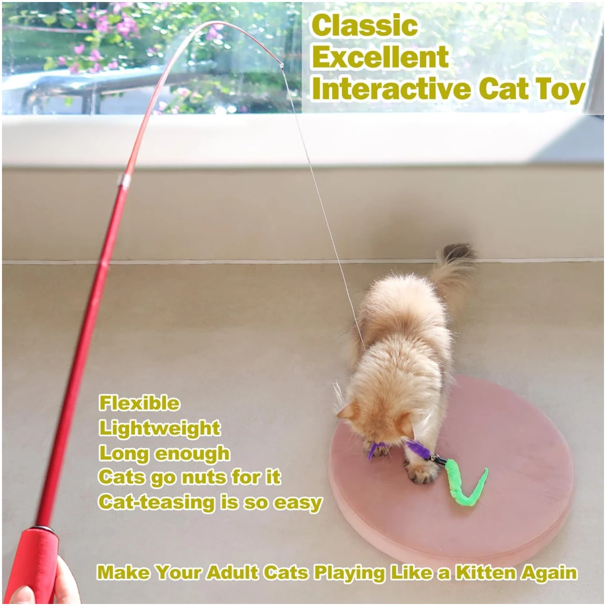 Interactive Cat Toys - Retractable Wand Toy and Feather Toys Refills for Indoor Cats to Chase and Exercise