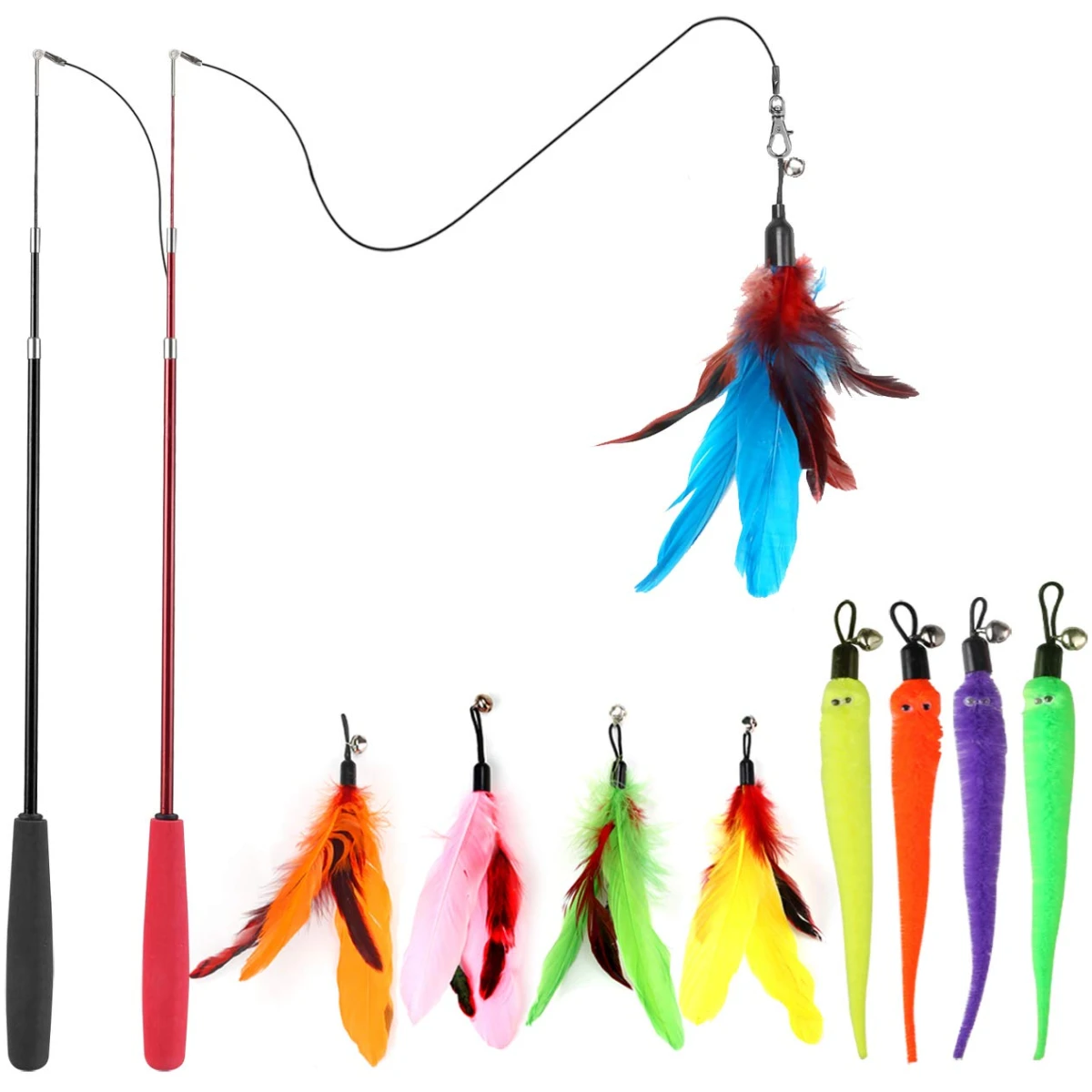 Interactive Cat Toys - Retractable Wand Toy and Feather Toys Refills for Indoor Cats to Chase and Exercise