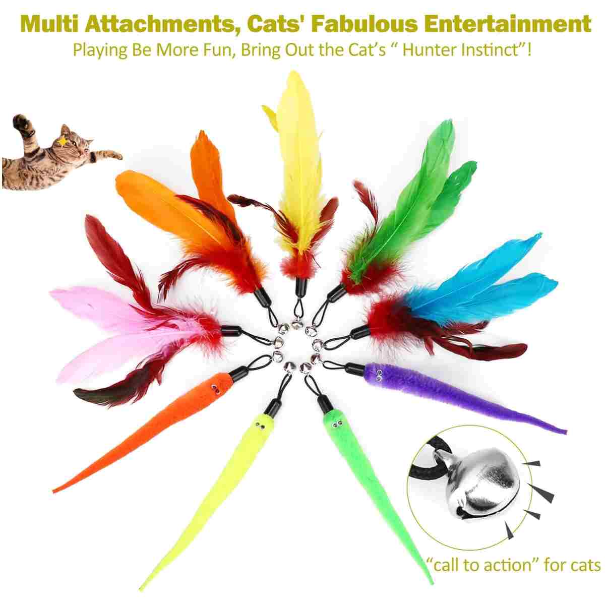 Interactive Cat Toys - Retractable Wand Toy and Feather Toys Refills for Indoor Cats to Chase and Exercise
