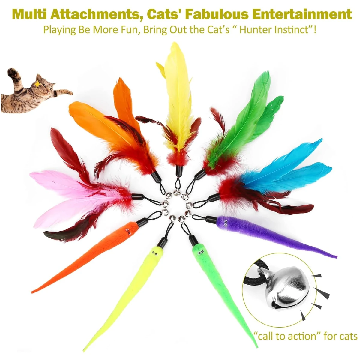 Interactive Cat Toys - Retractable Wand Toy and Feather Toys Refills for Indoor Cats to Chase and Exercise