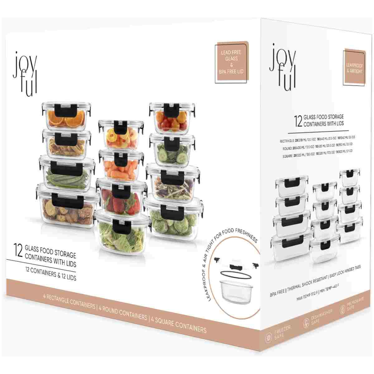 JoyJolt JoyFul 24pc(12 Airtight, Freezer Safe Food Storage Containers and 12 Lids), Pantry Kitchen Storage Containers, Glass Meal Prep Container for Lunch, Glass Storage...