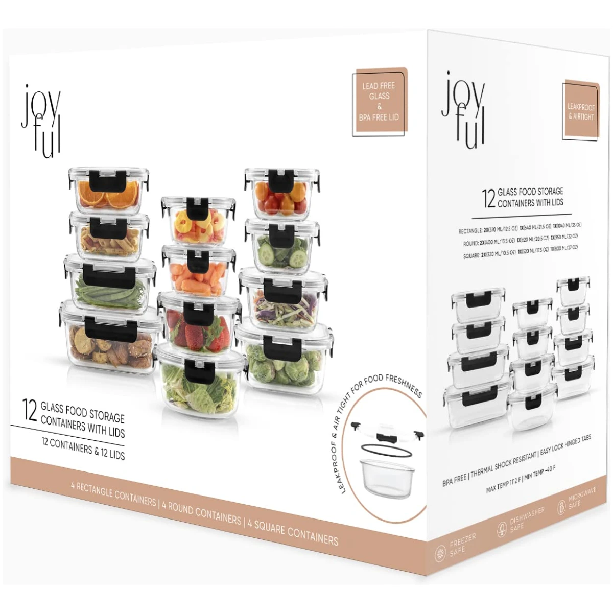 JoyJolt JoyFul 24pc(12 Airtight, Freezer Safe Food Storage Containers and 12 Lids), Pantry Kitchen Storage Containers, Glass Meal Prep Container for Lunch, Glass Storage...