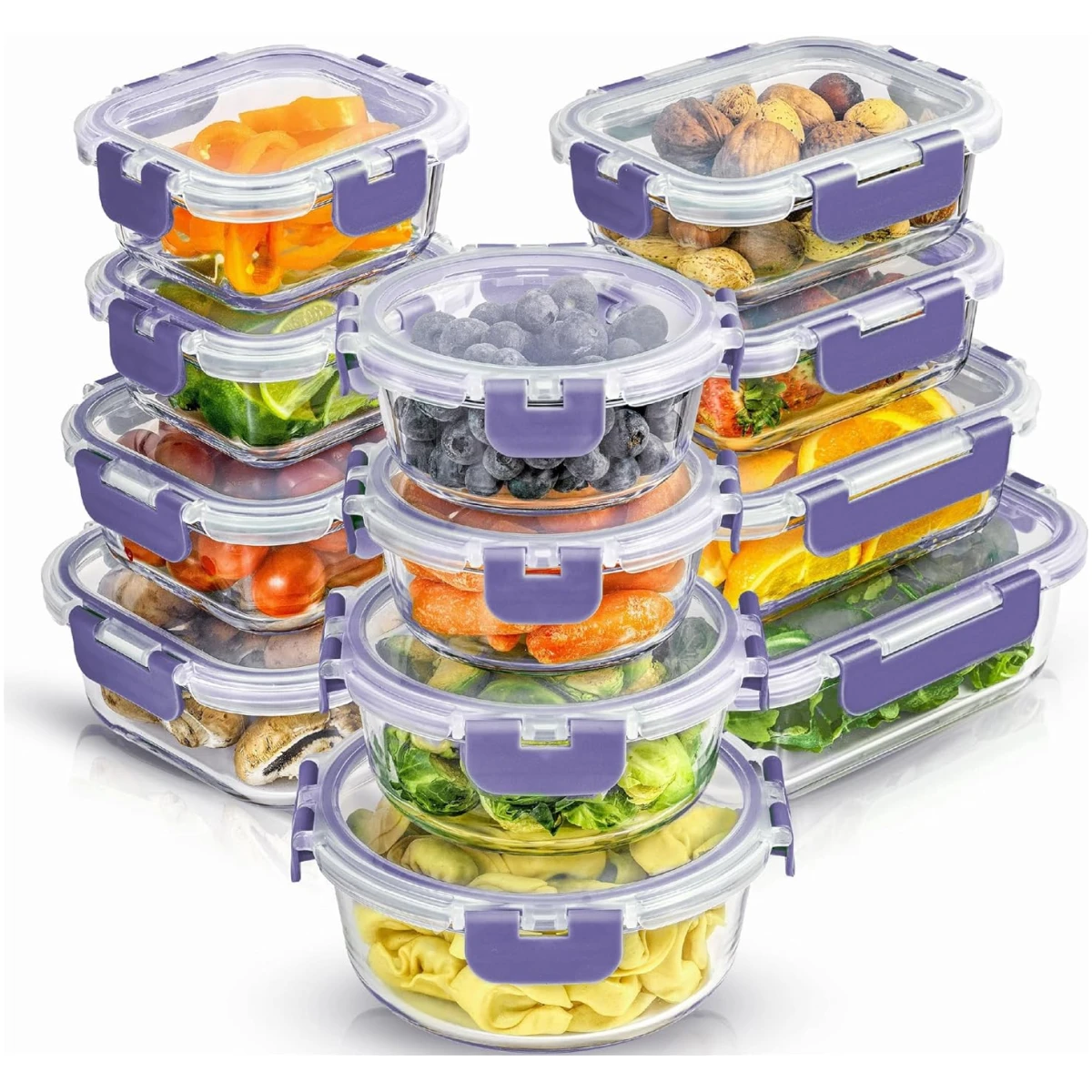 JoyJolt JoyFul 24pc(12 Airtight, Freezer Safe Food Storage Containers and 12 Lids), Pantry Kitchen Storage Containers, Glass Meal Prep Container for Lunch, Glass Storage...