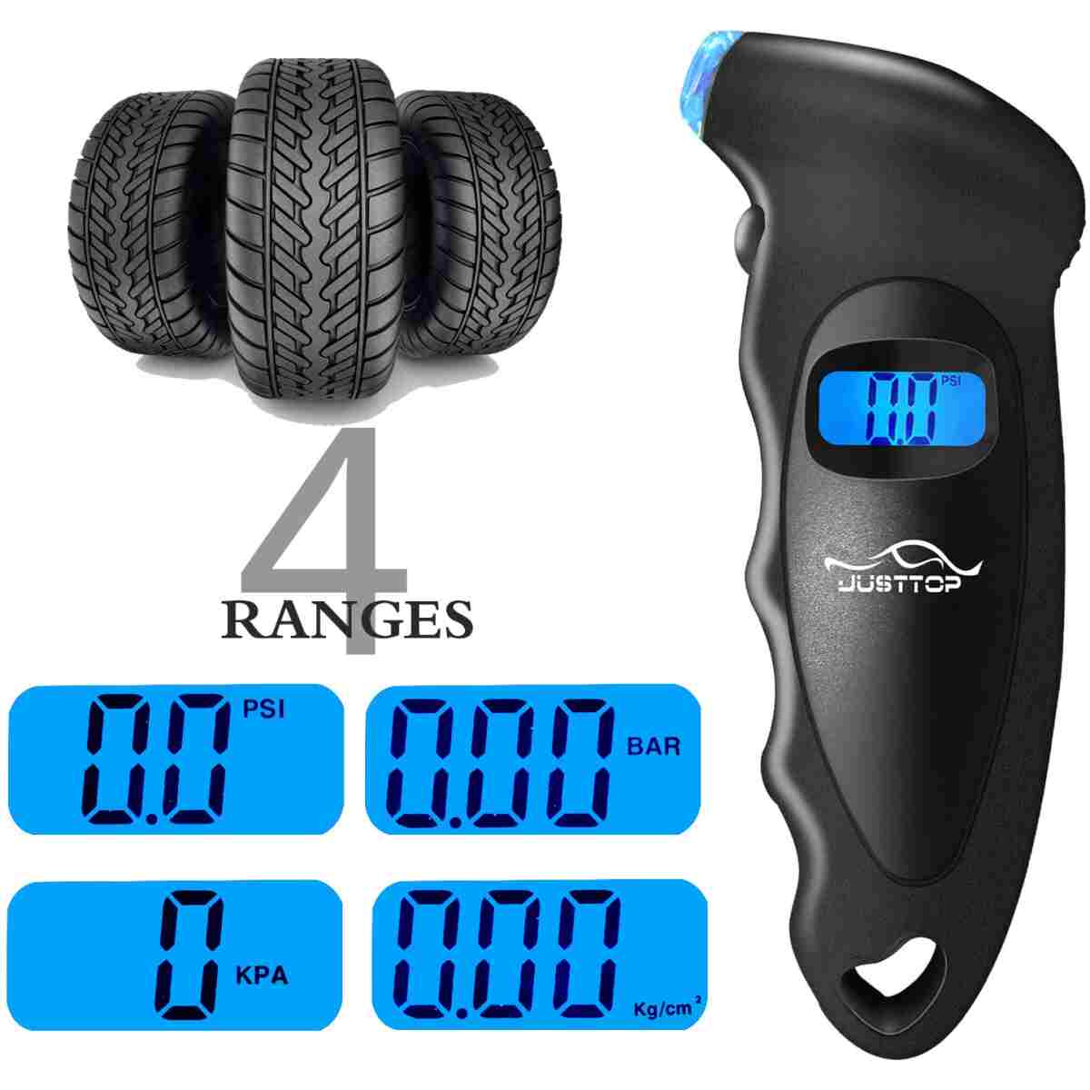 JUSTTOP Digital Tire Pressure Gauge, 150PSI 4 Setting for Cars, Trucks and Bicycles, Backlit LCD and Anti-Skid Grip for Easy and Accurate Reading(Black)