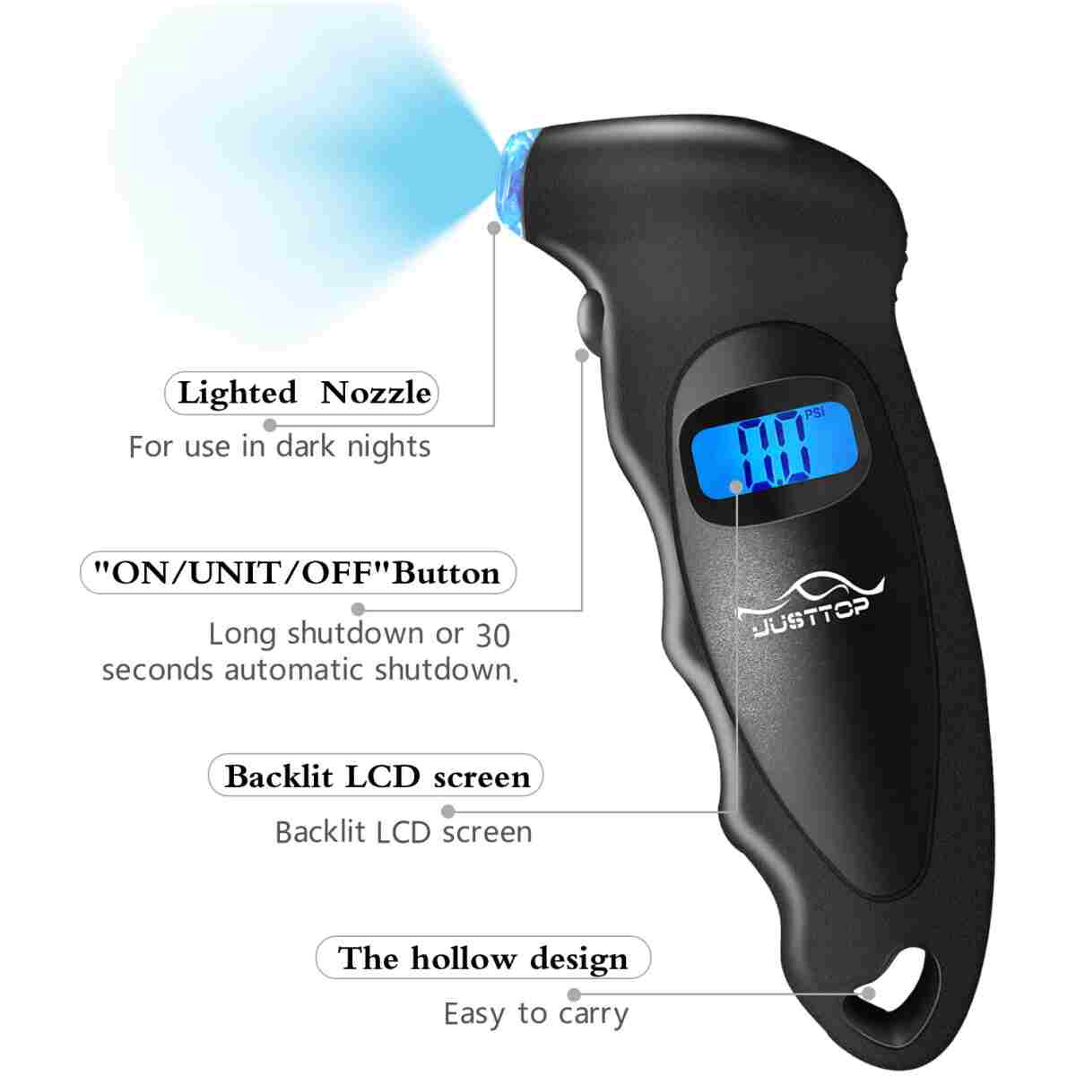 JUSTTOP Digital Tire Pressure Gauge, 150PSI 4 Setting for Cars, Trucks and Bicycles, Backlit LCD and Anti-Skid Grip for Easy and Accurate Reading(Black)