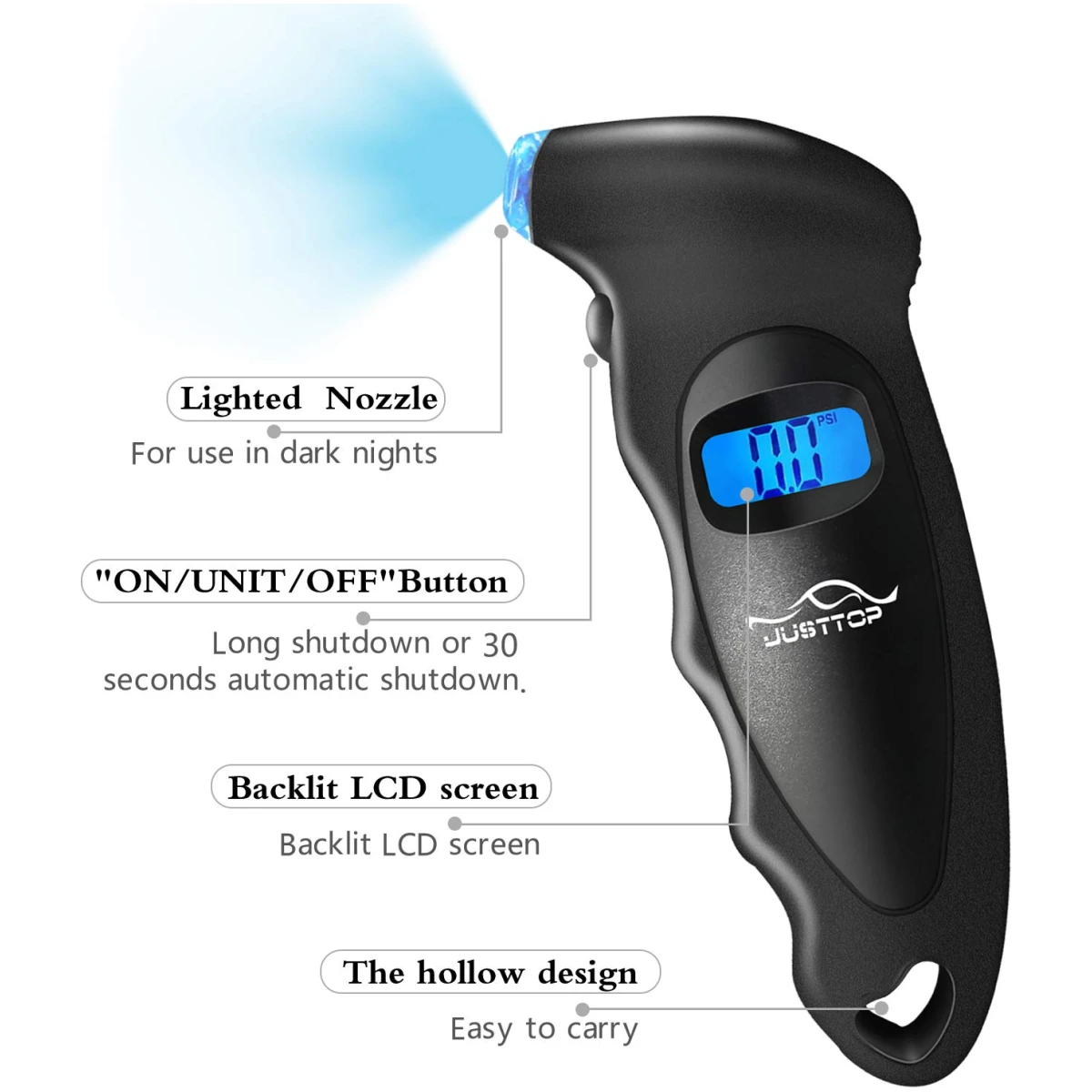 JUSTTOP Digital Tire Pressure Gauge, 150PSI 4 Setting for Cars, Trucks and Bicycles, Backlit LCD and Anti-Skid Grip for Easy and Accurate Reading(Black)
