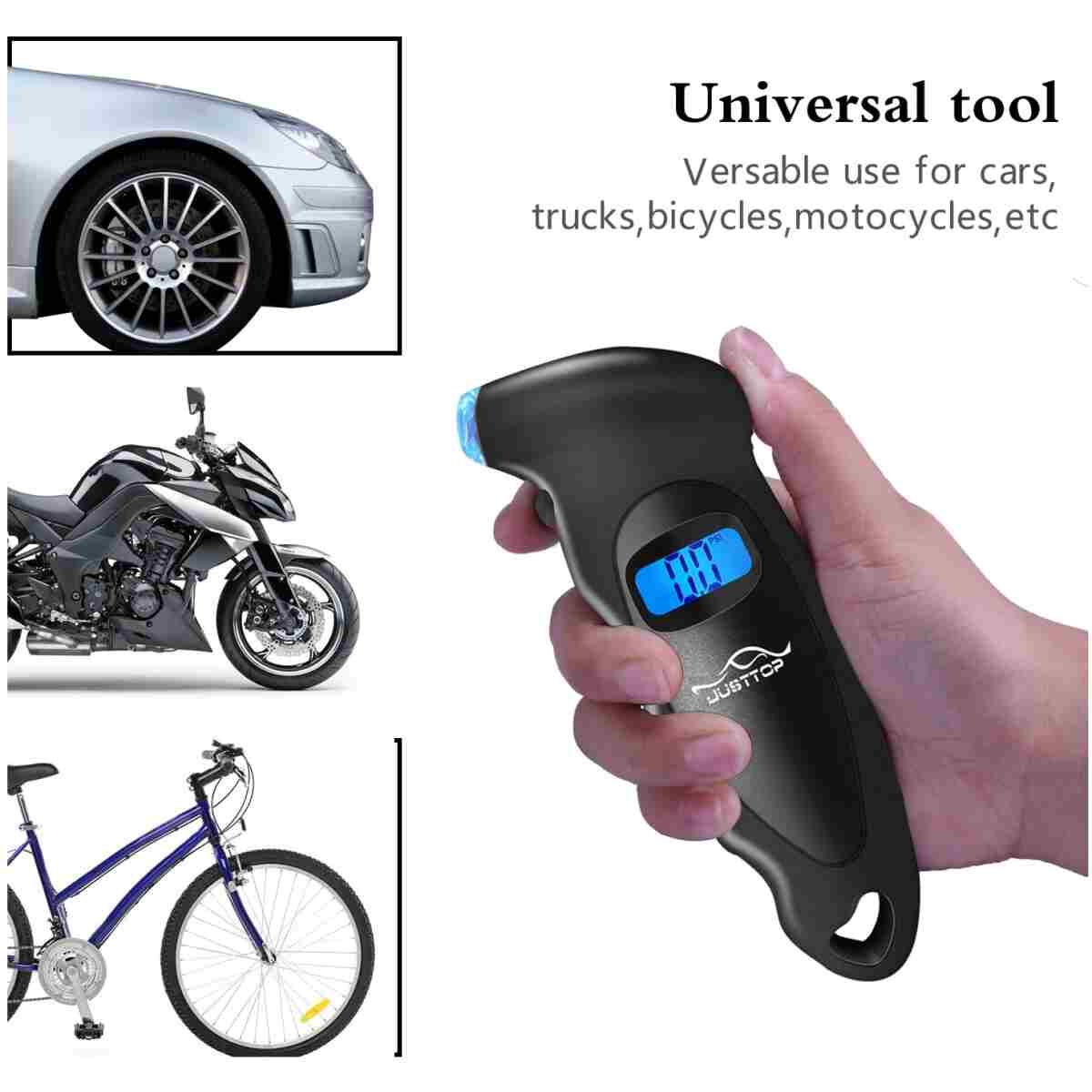 JUSTTOP Digital Tire Pressure Gauge, 150PSI 4 Setting for Cars, Trucks and Bicycles, Backlit LCD and Anti-Skid Grip for Easy and Accurate Reading(Black)