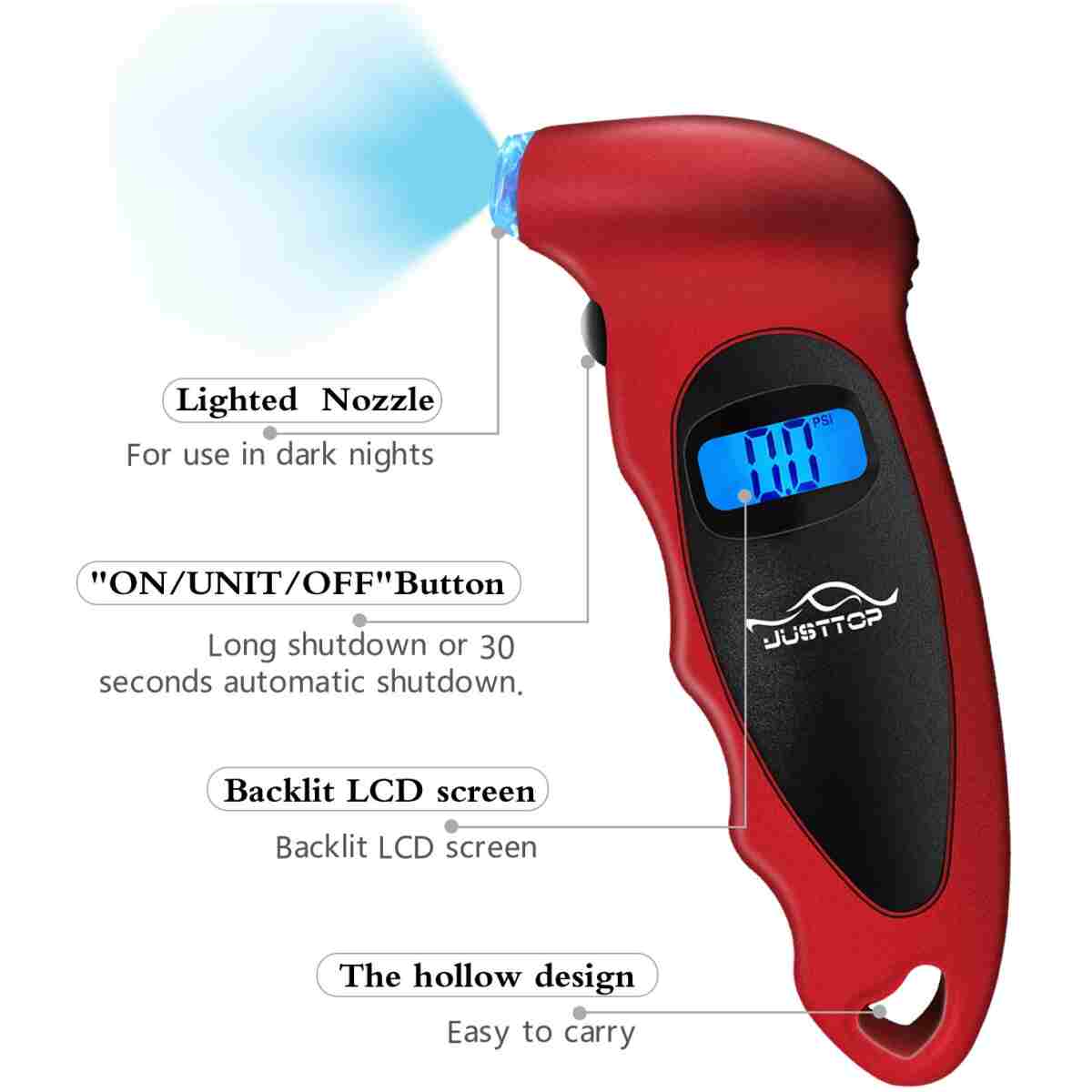 JUSTTOP Digital Tire Pressure Gauge, 150PSI 4 Setting for Cars, Trucks and Bicycles, Backlit LCD and Anti-Skid Grip for Easy and Accurate Reading(Black)