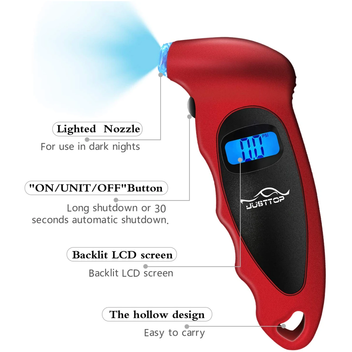 JUSTTOP Digital Tire Pressure Gauge, 150PSI 4 Setting for Cars, Trucks and Bicycles, Backlit LCD and Anti-Skid Grip for Easy and Accurate Reading(Black)
