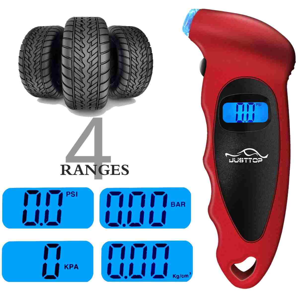 JUSTTOP Digital Tire Pressure Gauge, 150PSI 4 Setting for Cars, Trucks and Bicycles, Backlit LCD and Anti-Skid Grip for Easy and Accurate Reading(Black)