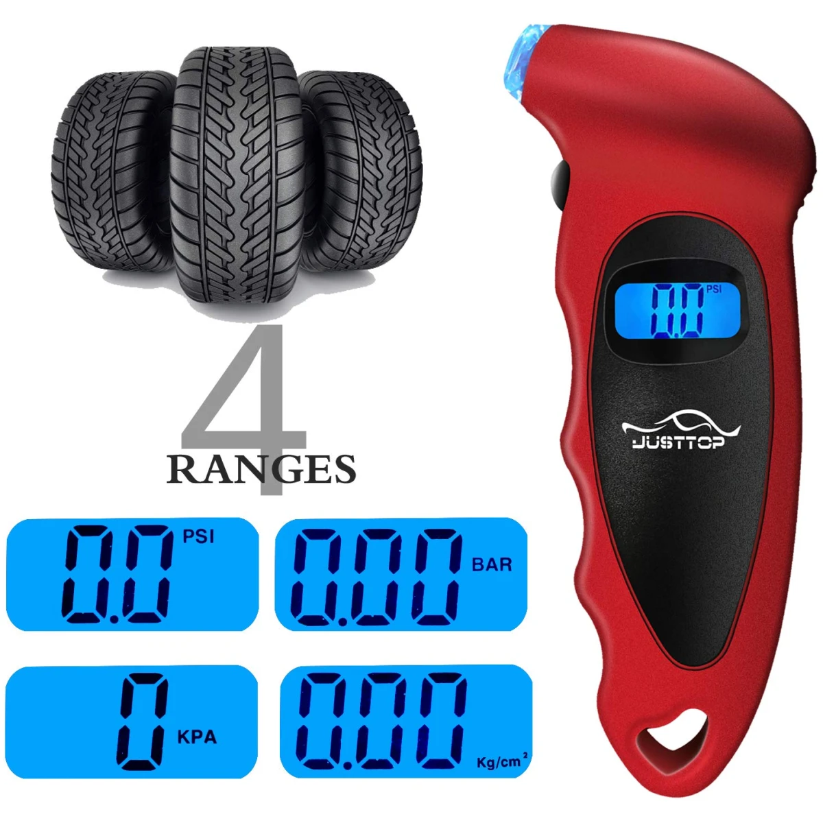 JUSTTOP Digital Tire Pressure Gauge, 150PSI 4 Setting for Cars, Trucks and Bicycles, Backlit LCD and Anti-Skid Grip for Easy and Accurate Reading(Black)