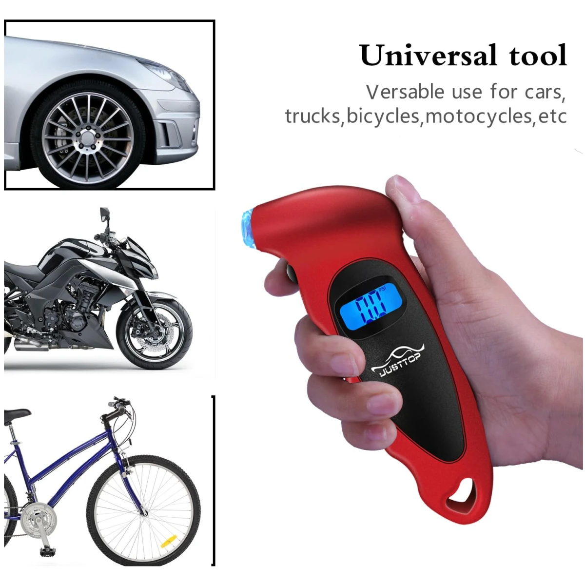 JUSTTOP Digital Tire Pressure Gauge, 150PSI 4 Setting for Cars, Trucks and Bicycles, Backlit LCD and Anti-Skid Grip for Easy and Accurate Reading(Black)