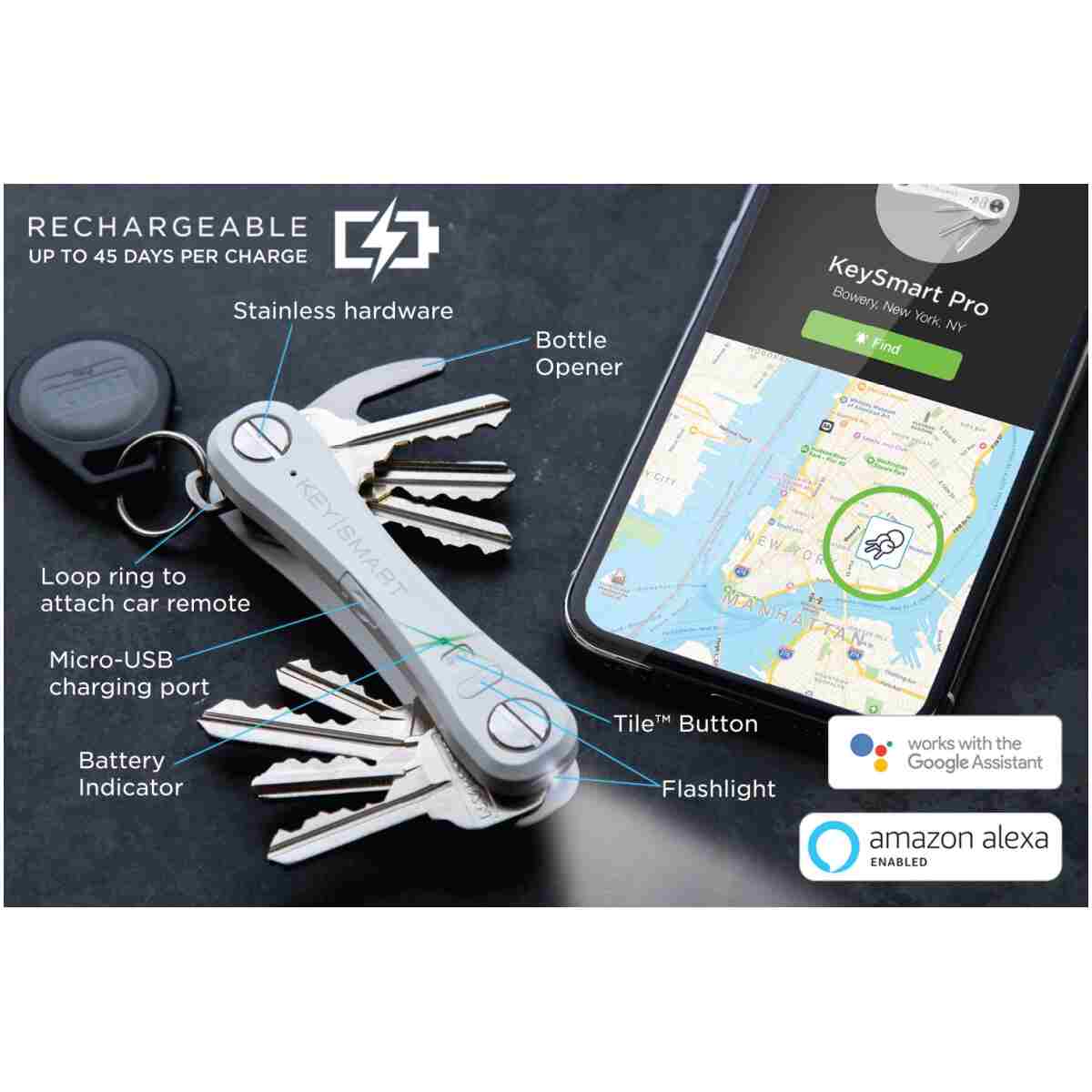 KeySmart Pro - Compact Smart Key Holder w LED Flashlight & Tile Bluetooth, EDC Key Organizer, Attach Car Key Fob, Other Mini Tools & Accessories (up to 10 Keys, White) -...