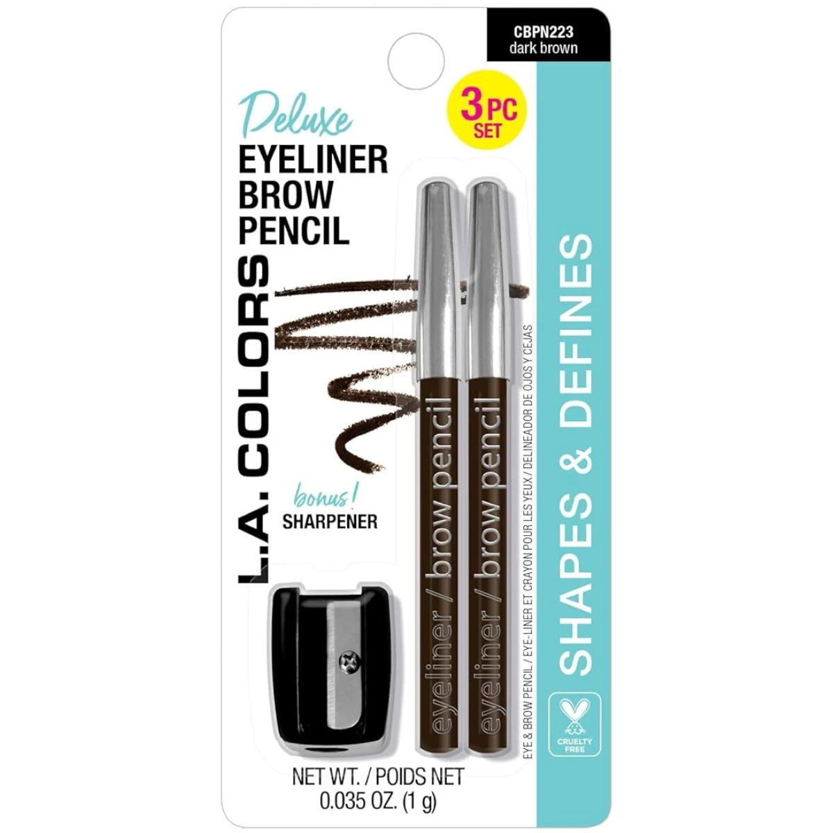 L.A. COLORS Eyeliner/Brow Pencils w/Sharpener (carded), Black CBPN222A