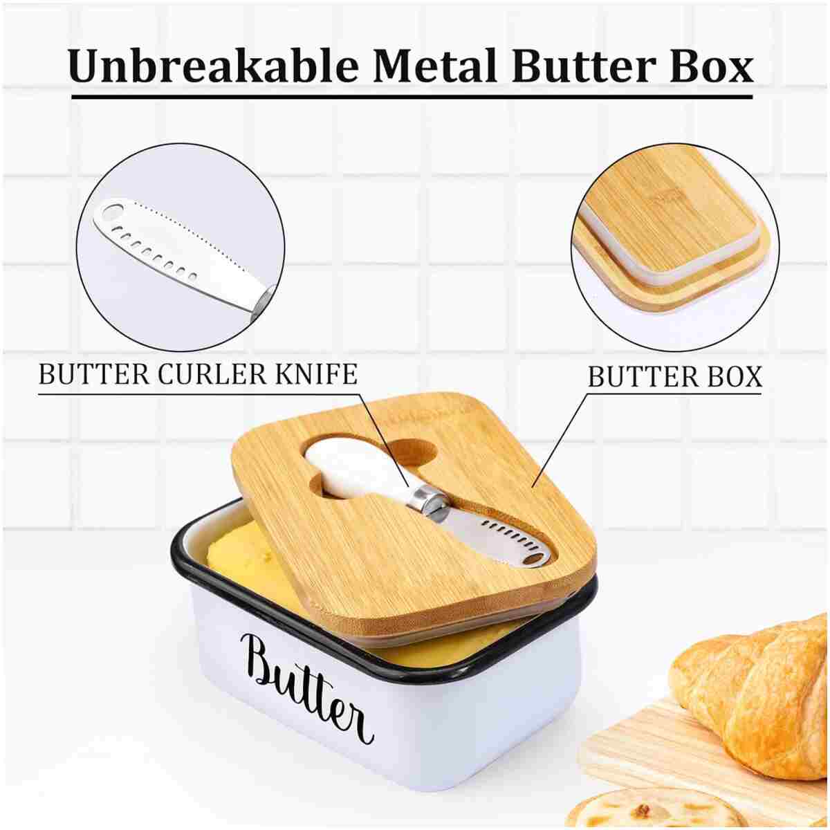 LANDNEOO Butter Dish with Lid and Butter Curler Knife - Unbreakable Stainless Steel Keeper Container with Double Silicone Sealing, for Kitchen Farmhouse Decor