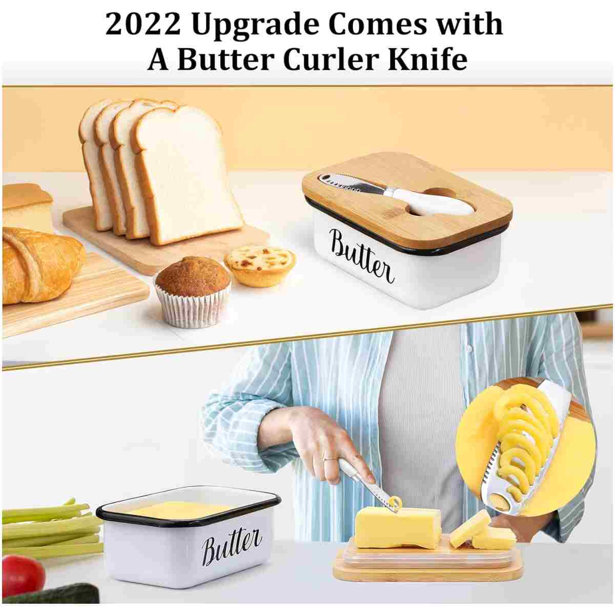 LANDNEOO Butter Dish with Lid and Butter Curler Knife - Unbreakable Stainless Steel Keeper Container with Double Silicone Sealing, for Kitchen Farmhouse Decor
