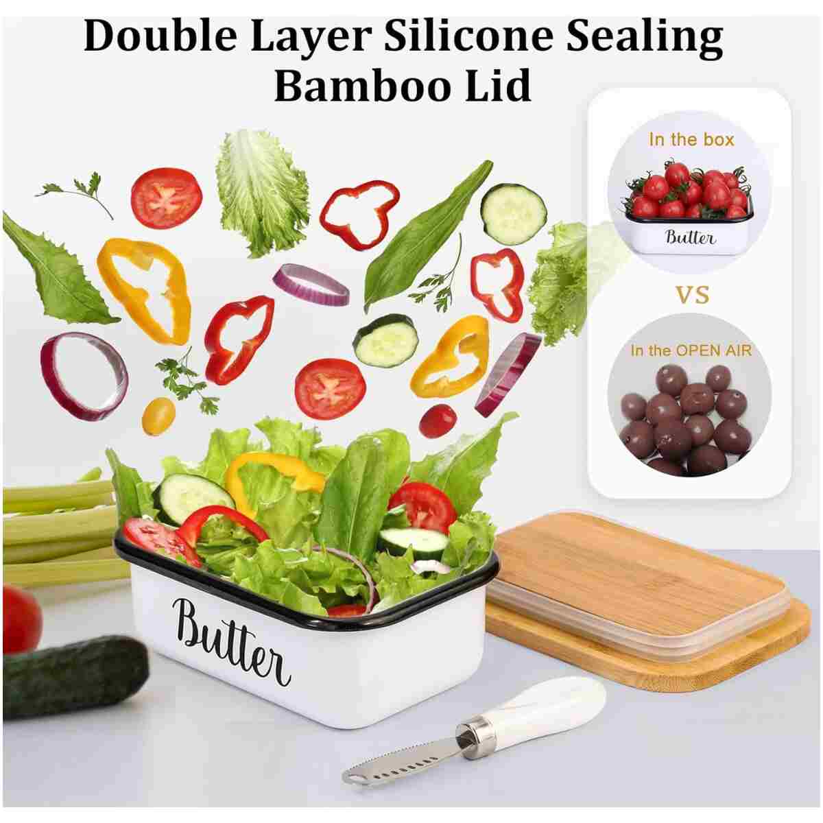 LANDNEOO Butter Dish with Lid and Butter Curler Knife - Unbreakable Stainless Steel Keeper Container with Double Silicone Sealing, for Kitchen Farmhouse Decor