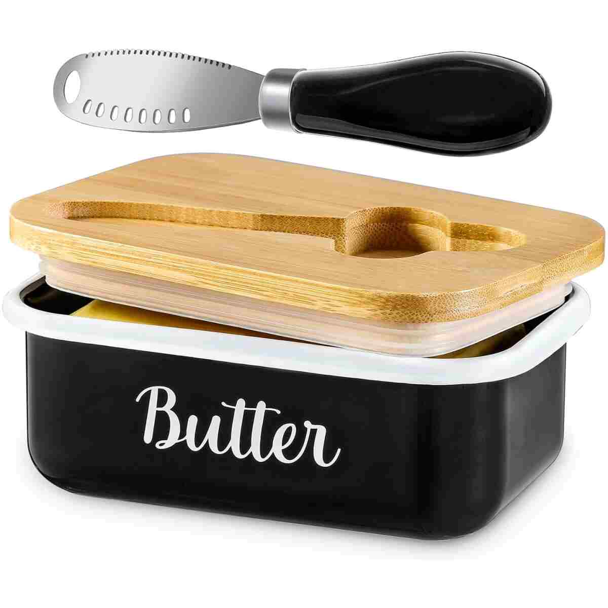 LANDNEOO Butter Dish with Lid and Butter Curler Knife - Unbreakable Stainless Steel Keeper Container with Double Silicone Sealing, for Kitchen Farmhouse Decor