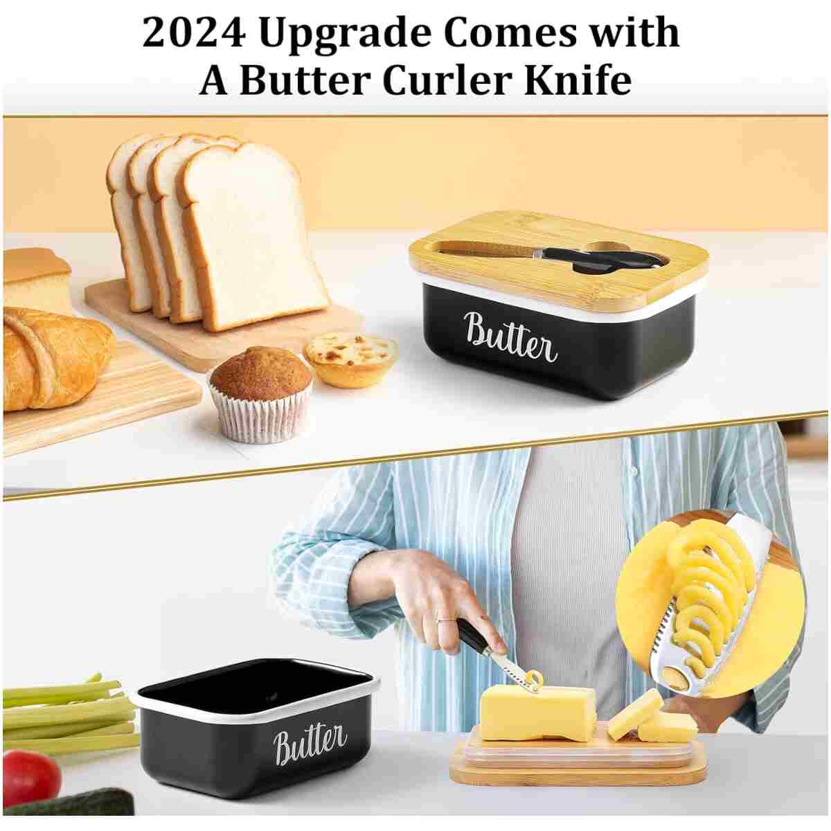 LANDNEOO Butter Dish with Lid and Butter Curler Knife - Unbreakable Stainless Steel Keeper Container with Double Silicone Sealing, for Kitchen Farmhouse Decor
