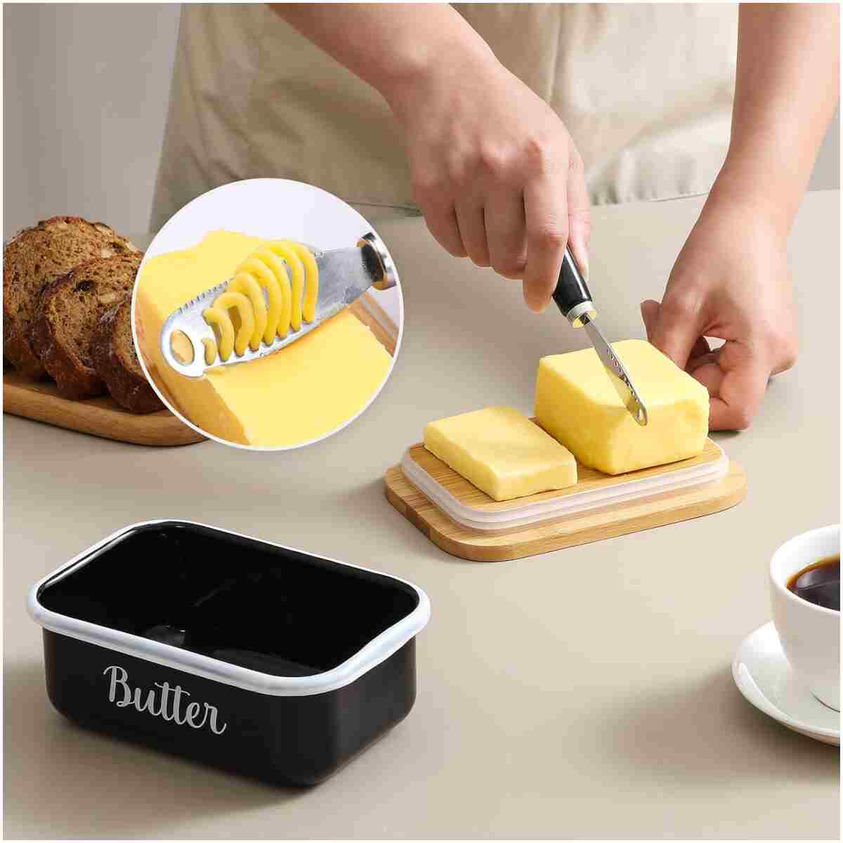 LANDNEOO Butter Dish with Lid and Butter Curler Knife - Unbreakable Stainless Steel Keeper Container with Double Silicone Sealing, for Kitchen Farmhouse Decor