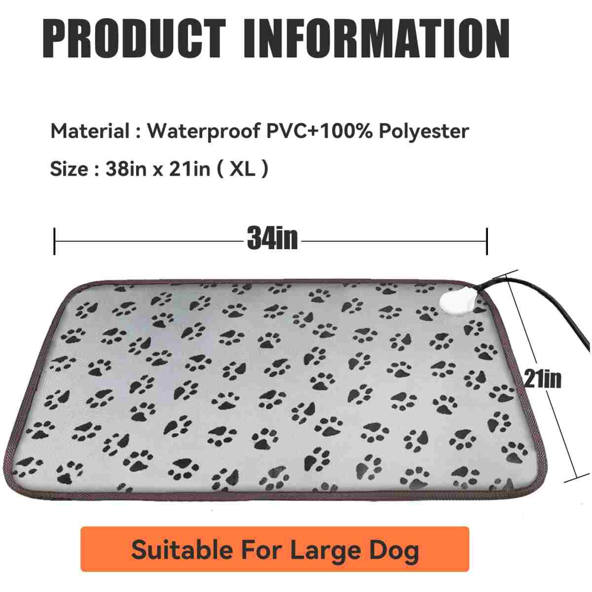 Large Dog Cat Heating Pad 34" x 21" Waterproof Pet Heated Dog Bed with Intelligent Constant Temperature Switch Add Chewy Resistant Steel Wire Rope,Dog Heating pad