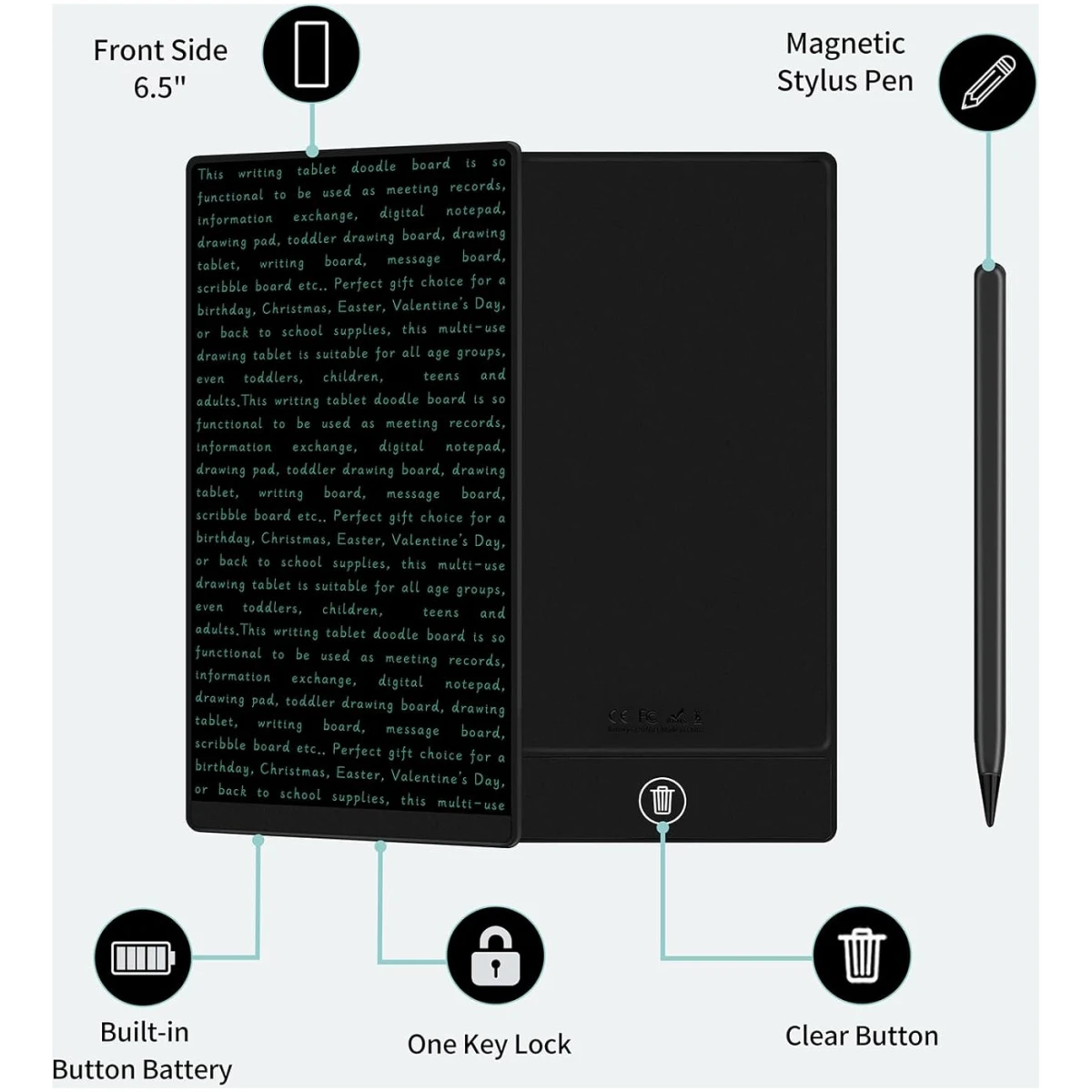LCD Writing Tablet for Adult: 6.5 Inch Mini Full Screen Drawing Board Reusable Digital Notepad Portable Use for Office Study Teaching