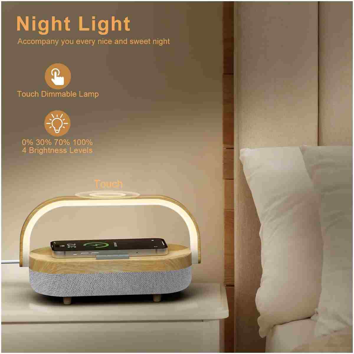 LED Bedside Lamp, Touch Lamps for Bedroom Nightstand, 4 in 1 Bedside Table Lamp with Wireless Charger, Portable Bluetooth Speaker, Phone Holder, Dimmable Charging Birthday Gifts...