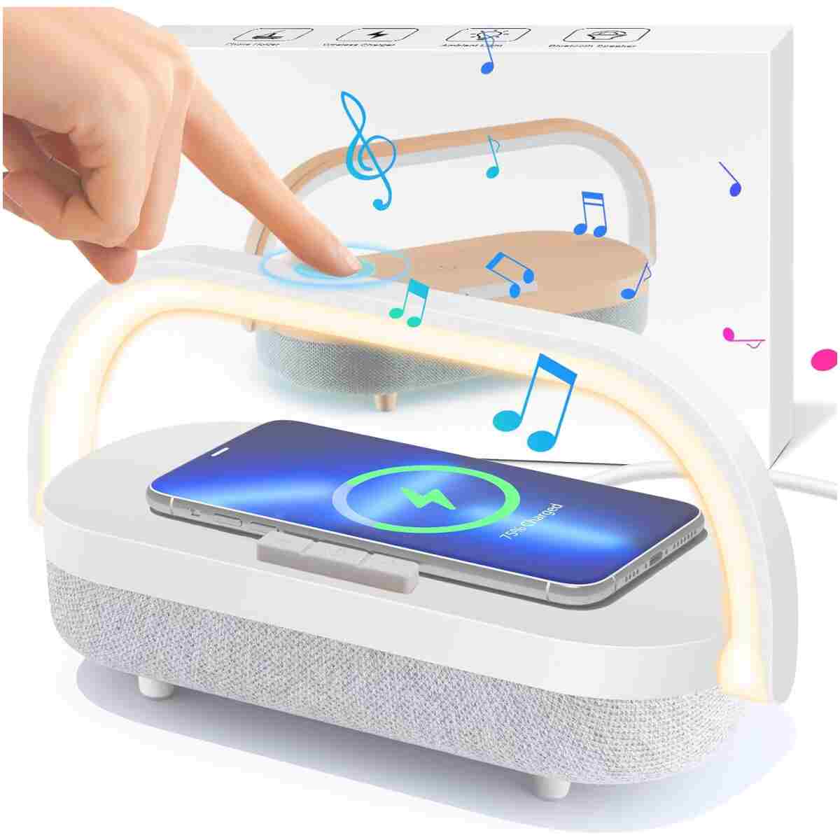 LED Bedside Lamp, Touch Lamps for Bedroom Nightstand, 4 in 1 Bedside Table Lamp with Wireless Charger, Portable Bluetooth Speaker, Phone Holder, Dimmable Charging Birthday Gifts...