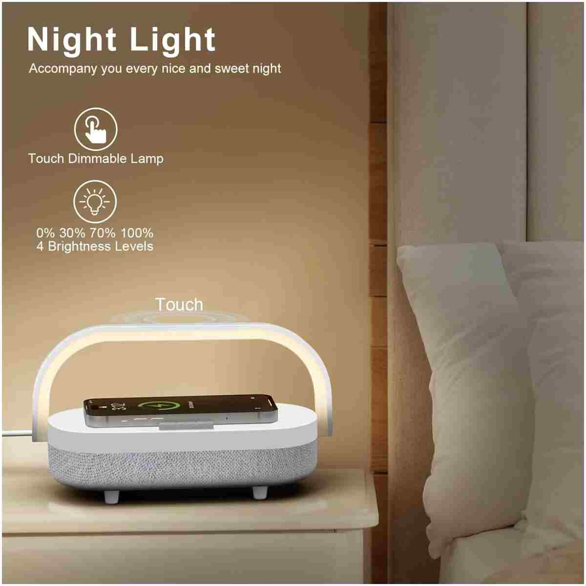 LED Bedside Lamp, Touch Lamps for Bedroom Nightstand, 4 in 1 Bedside Table Lamp with Wireless Charger, Portable Bluetooth Speaker, Phone Holder, Dimmable Charging Birthday Gifts...